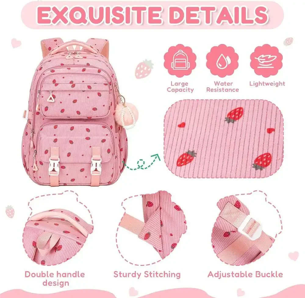 Kids Backpack for Girls Corduroy School Bag with Laptop Compartment Pink